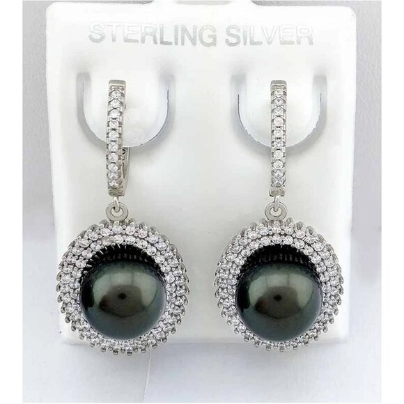 Fresh Water Tahitian Pearl & White Sapphires Earrings .925 Silver